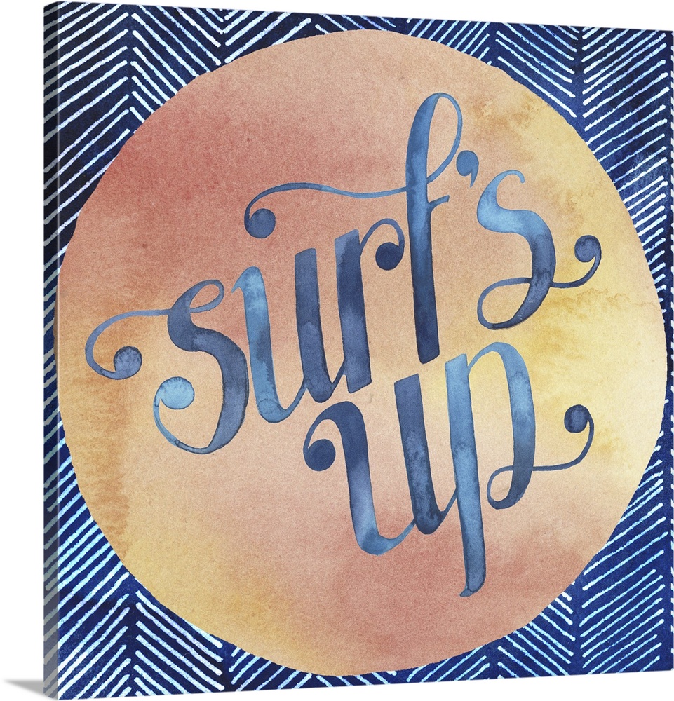 Retro style watercolor sign reading "Surf's Up" in a peach-colored circle.