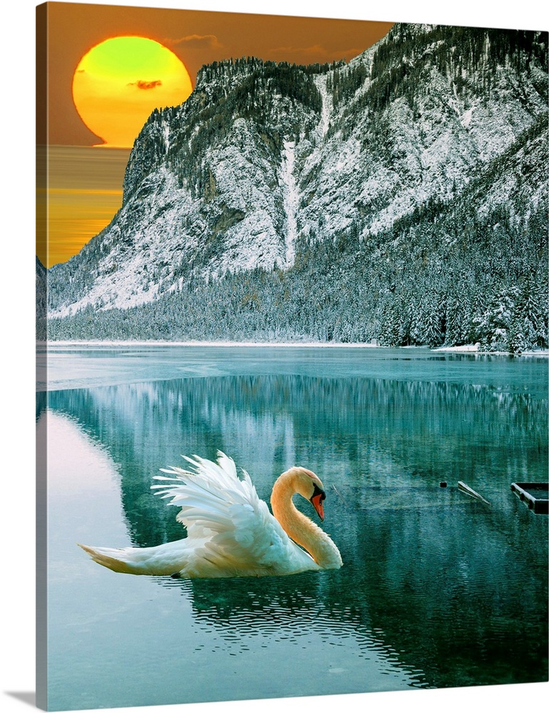A contemporary surrealist collage of a swan on a calm blue lake in front of a snowy mountain and a setting sun