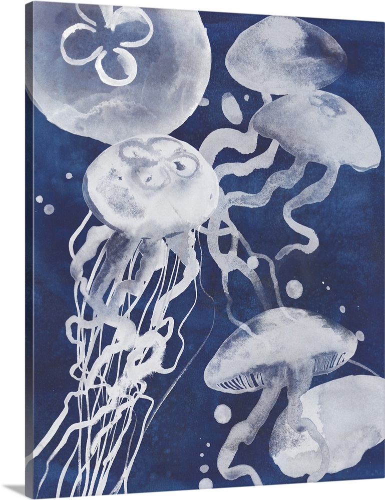Painting of several white jellyfish swimming in the ocean.