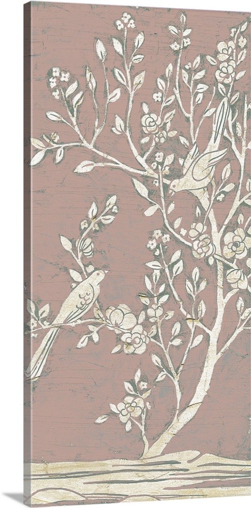Asian style illustration of birds in a tree with a dusty pink background.