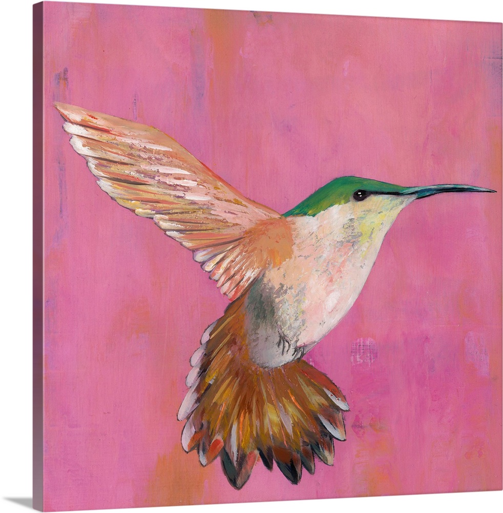 Contemporary painting of a hummingbird hovering against a pink background.