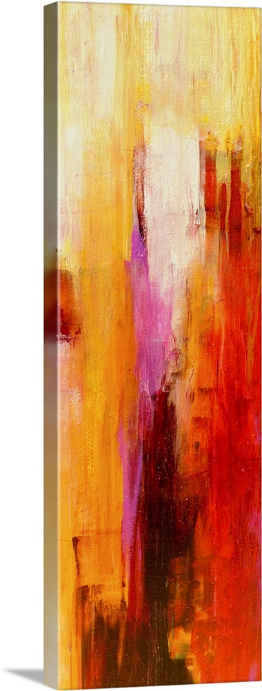 Vertical panoramic painting of vertical brush strokes of warm colors overlapping.