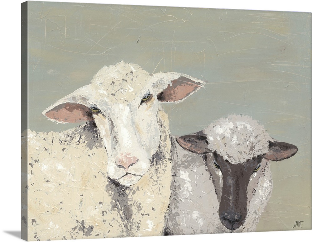 Contemporary painting with two lambs, one ivory and the other in shades of gray, with textured brushstrokes all over.