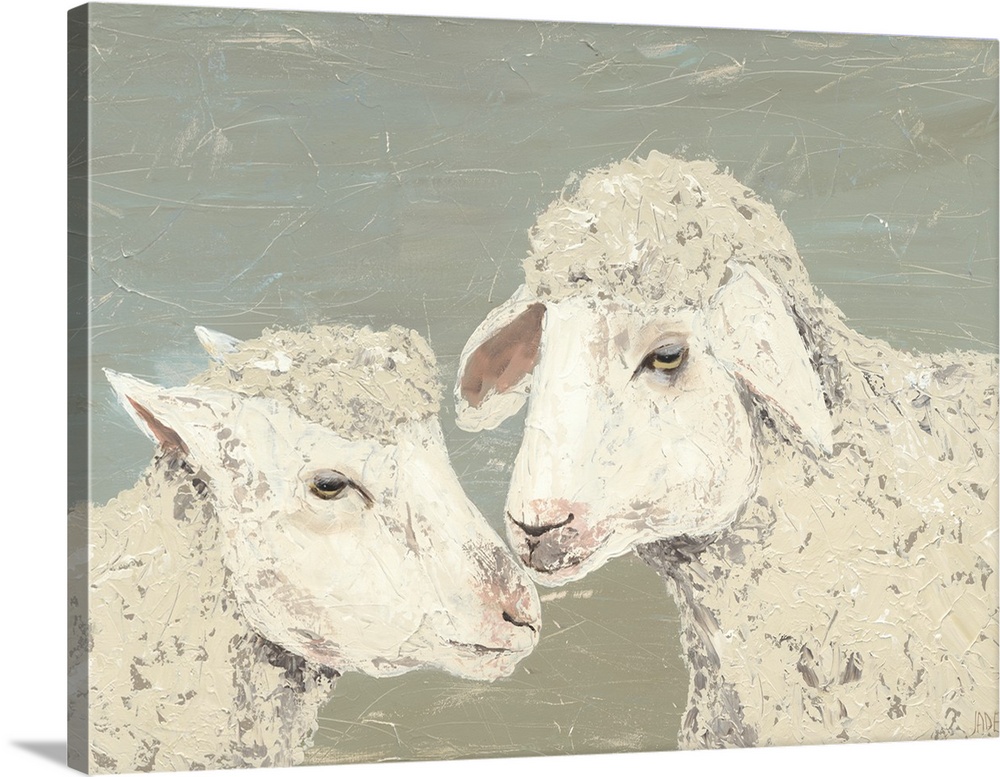Contemporary painting of two ivory lambs with textured brushstrokes all over.