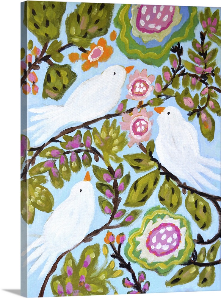 Painting of three white birds in a tree with pink flowers.