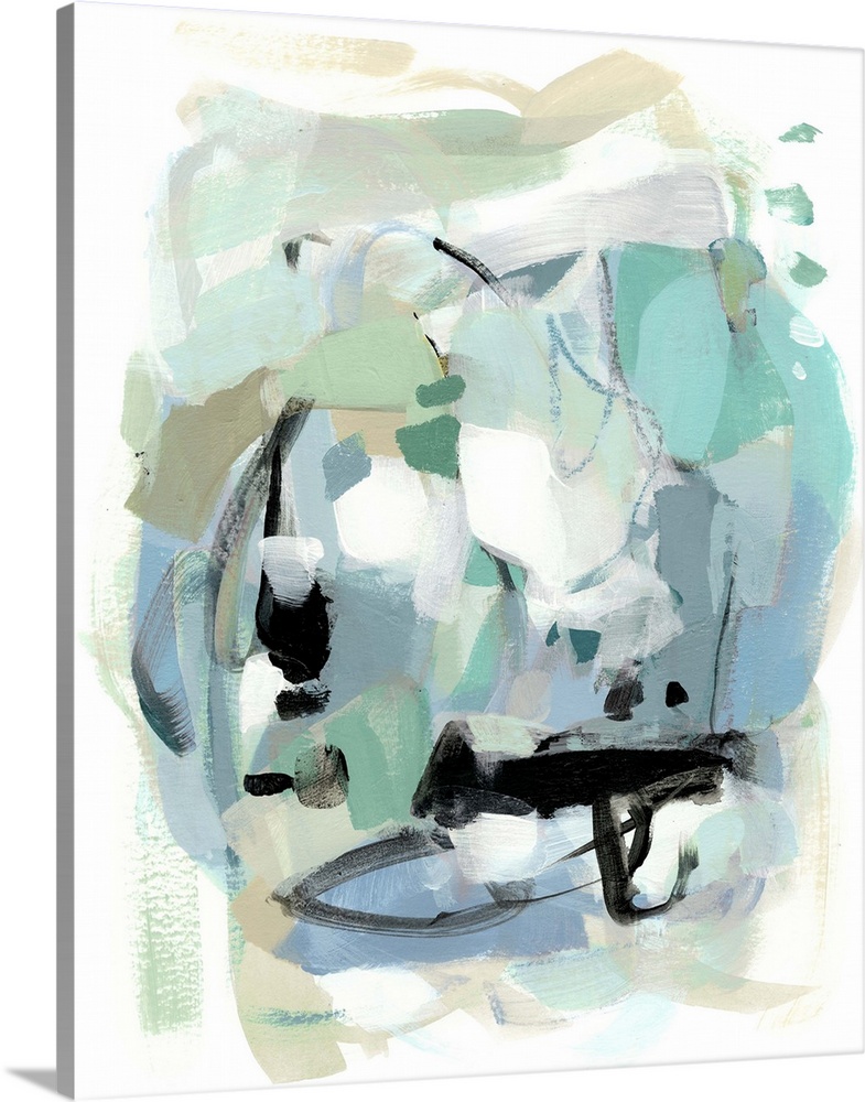 Abstract modern artwork in teal and black on white, in swift, gestural brushstrokes.
