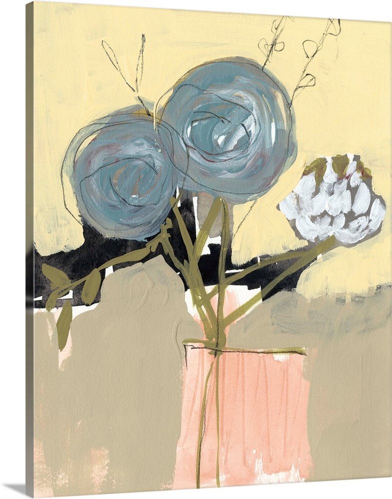 Contemporary painting of a bouquet of blue flowers on a yellow and tan background.