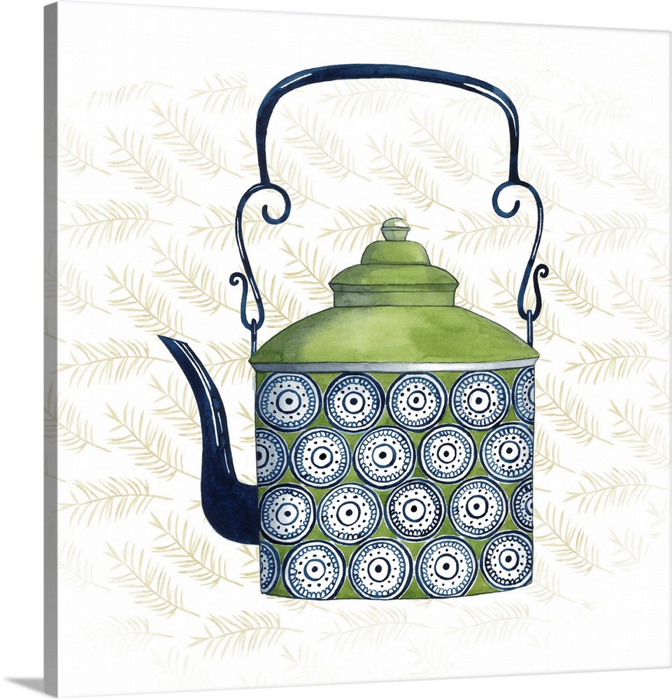 Illustration of a tea kettle with a floral motif on a floral patterned background.