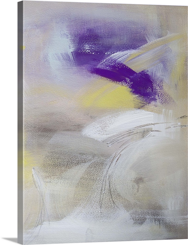 Contemporary abstract painting in white and yellow with dark purple.