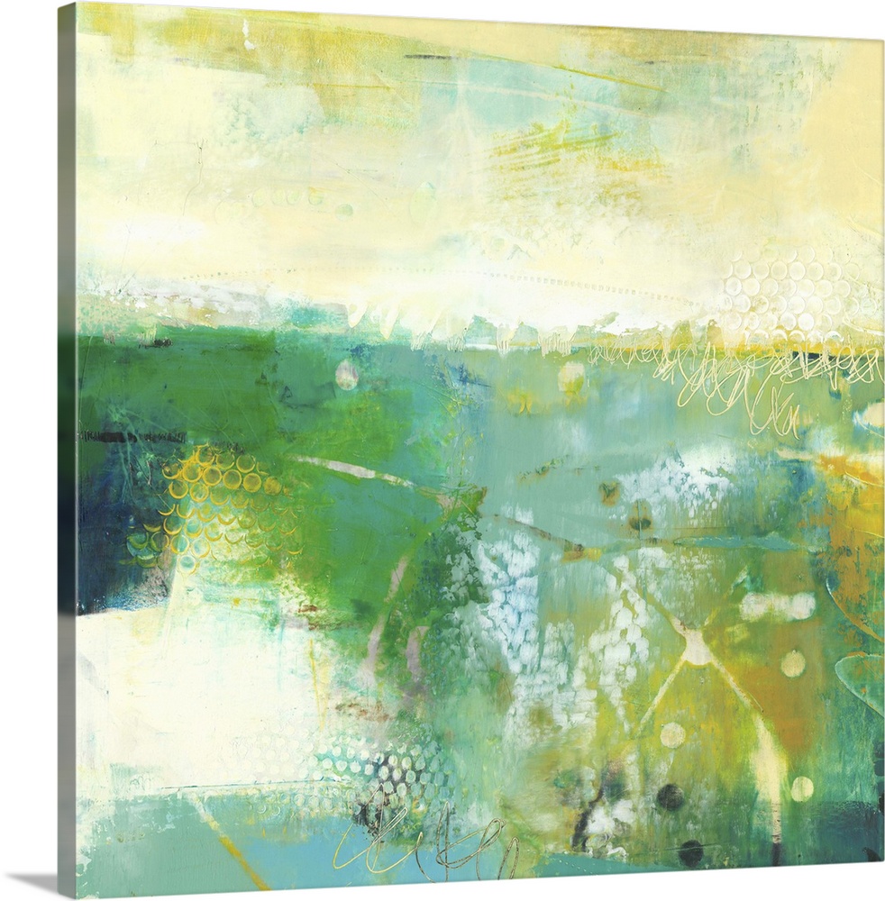 Abstract modern painting in green and beige, resembling a verdant field.