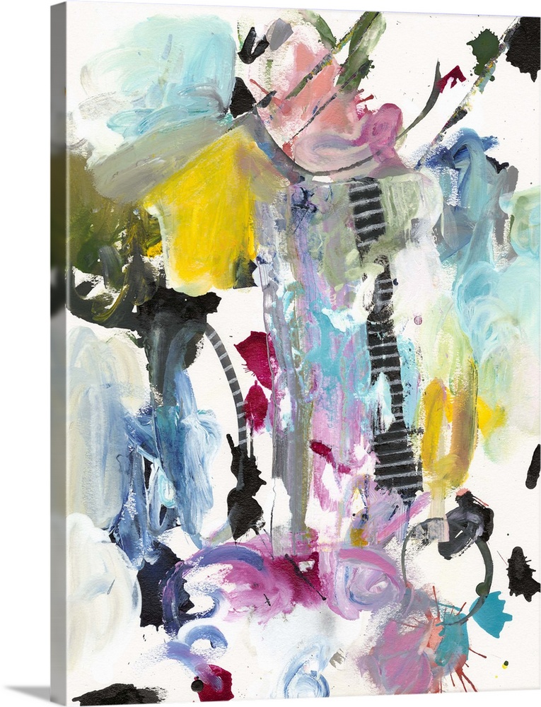 Abstract painting in wild splashes and splatters of pink, teal, yellow, and black.