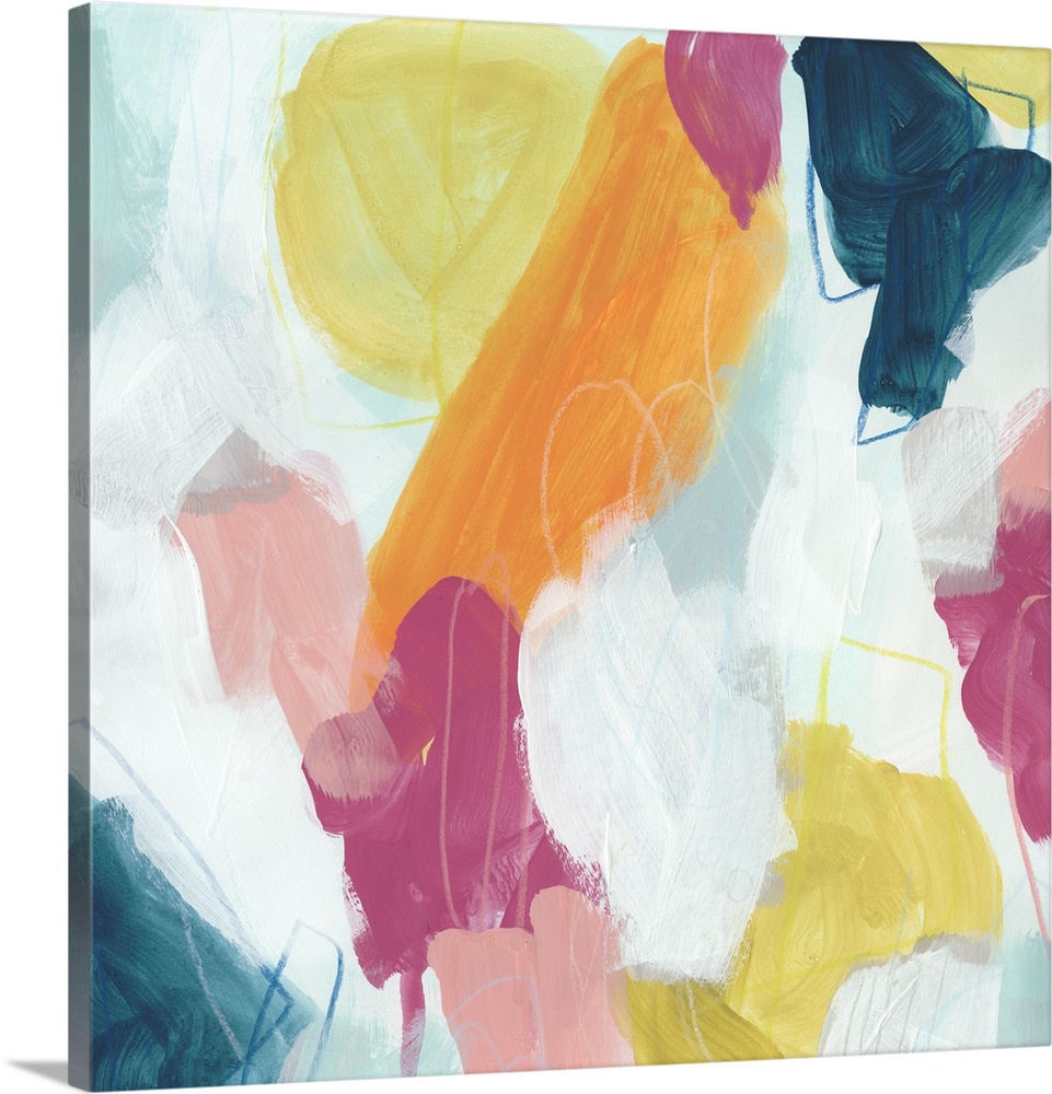 Abstract contemporary artwork with bright pink and yellow against deep blue.