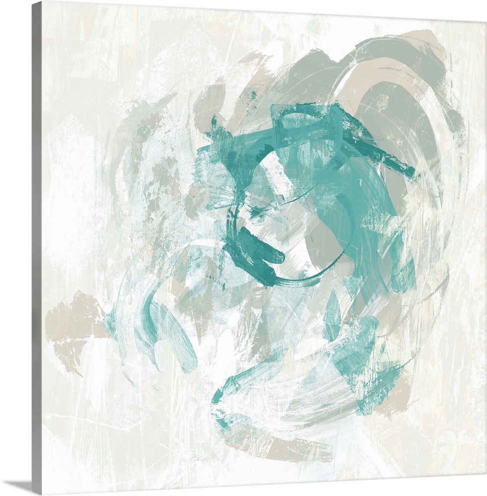 Contemporary abstract painting using faded turquoise in swirling motions against a neutral background.