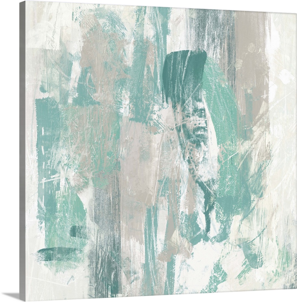 Contemporary abstract painting using faded turquoise in swirling motions against a neutral background.