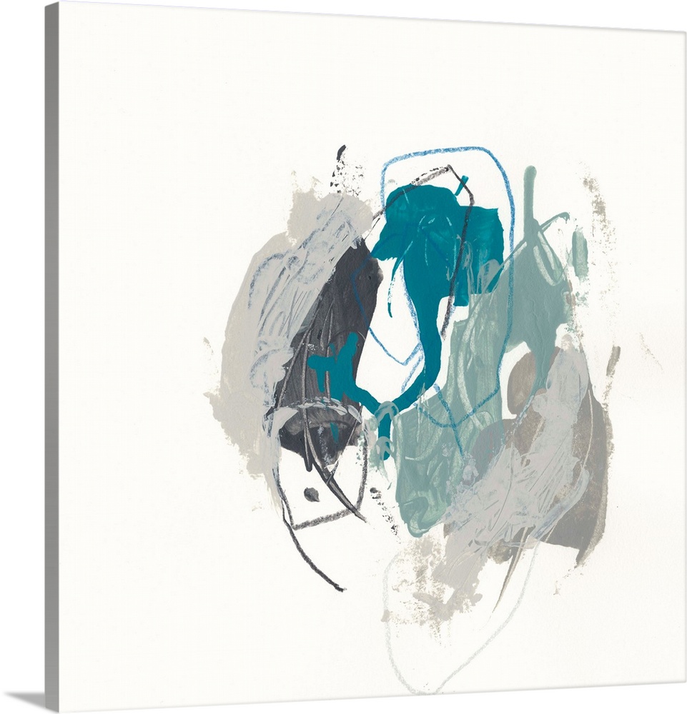 Square abstract painting in cool tones of gray, teal and black with overlaying fine gray and blue lines in circular shapes.