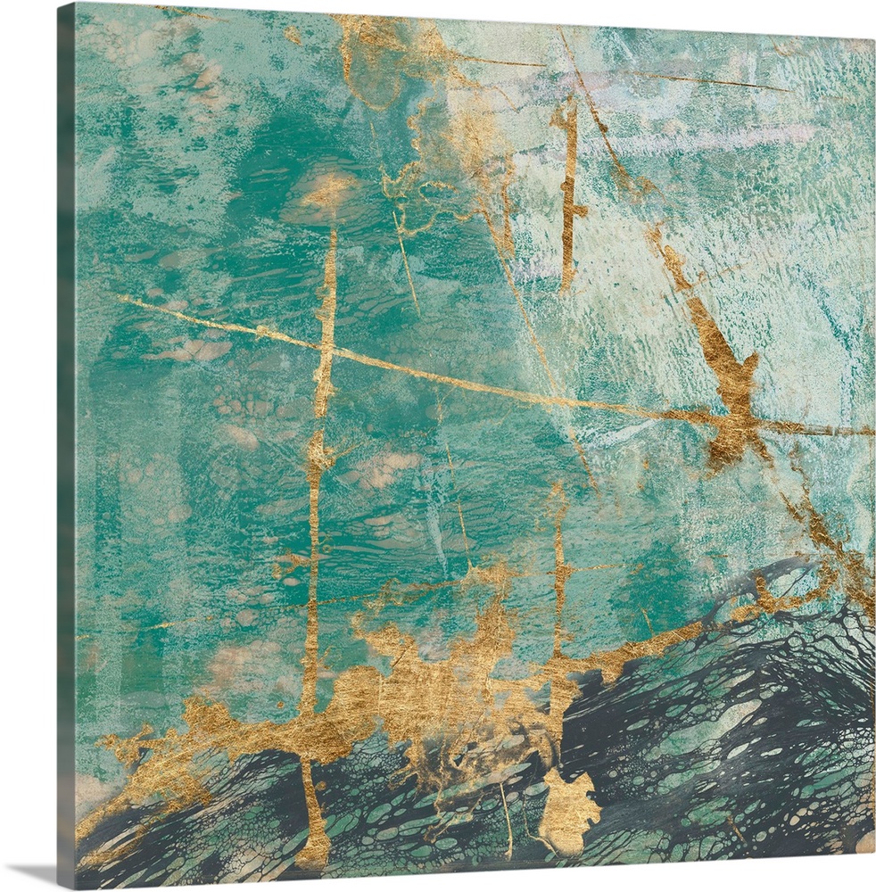 Contemporary abstract painting with a weathered feel in deep teal and gold.