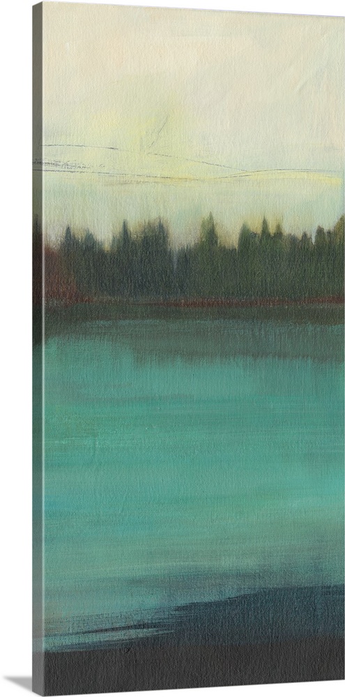 Vertical painting of a deep turquoise lake with a pale sky above.