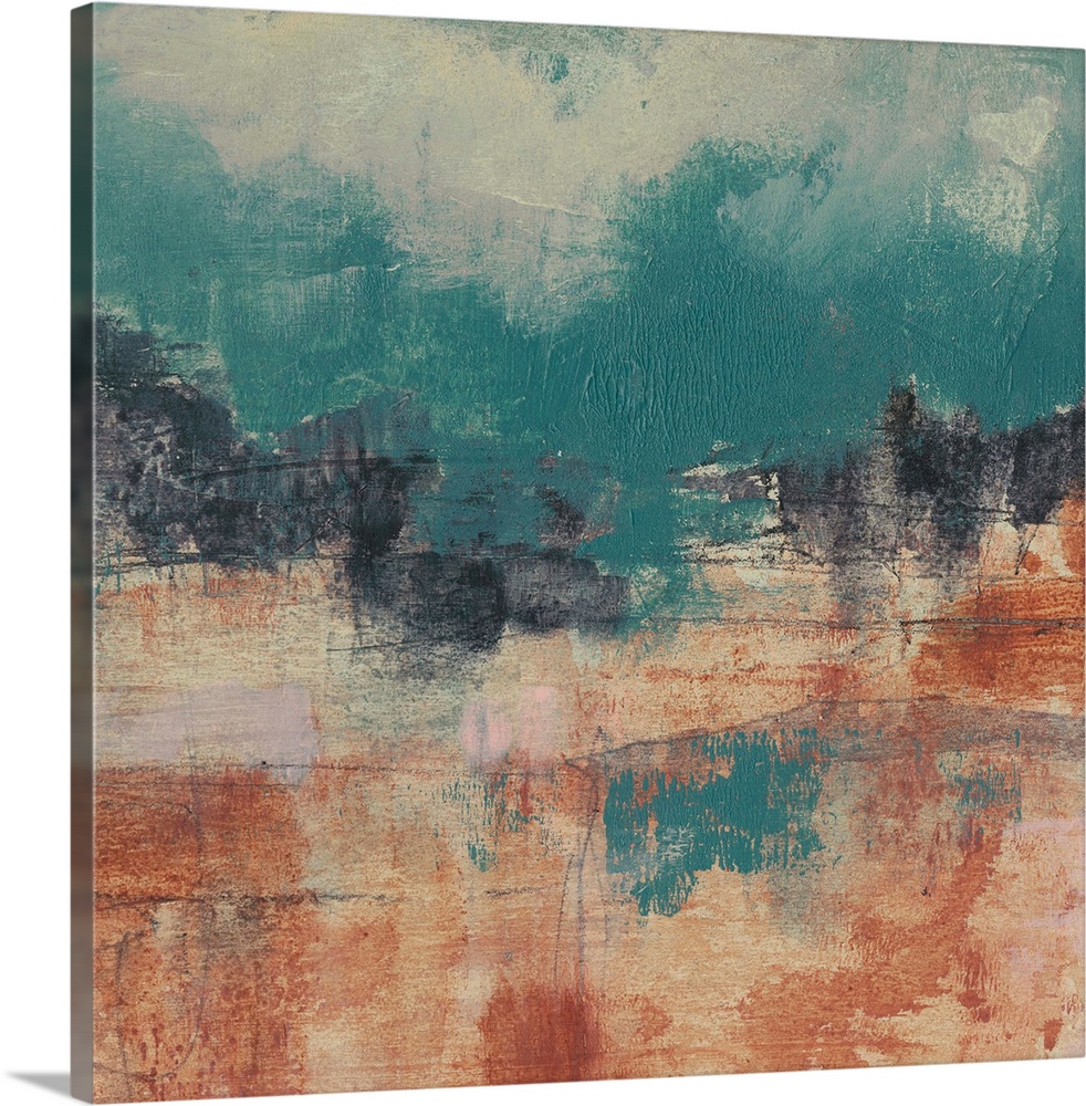 This square landscape painting features a rocky canyon formation with a vibrant teal sky dappled above.