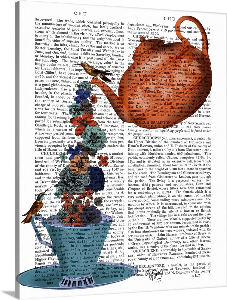 Decorative artwork of a teapot pouring flowers into a teacup with two birds painted on the page of a book.