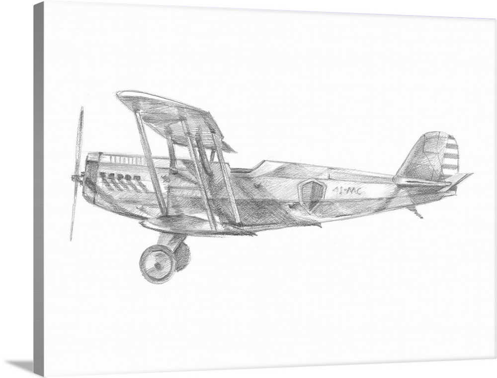 Contemporary artwork of an airplane sketched on a white background.