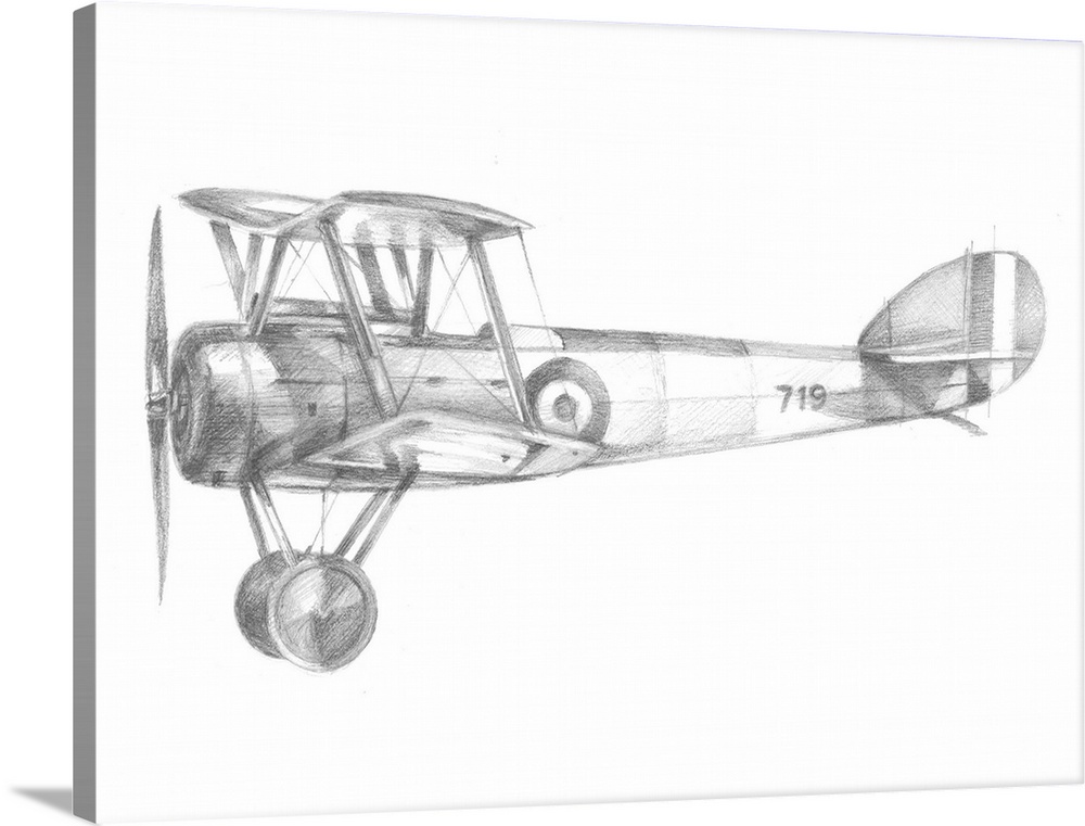 Contemporary artwork of an airplane sketched on a white background.