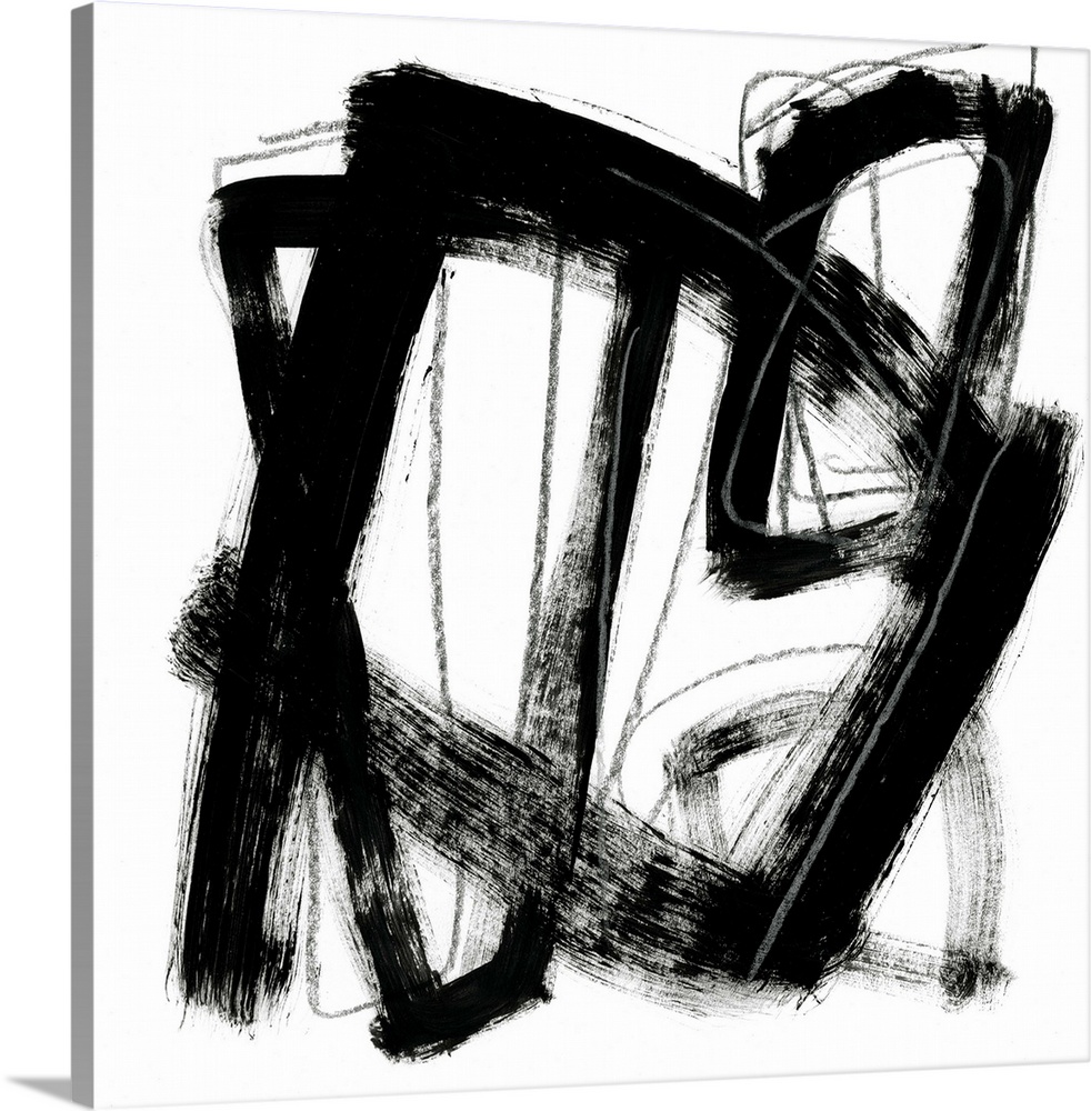 Contemporary abstract painting using bold black contrasting against a stark white background.