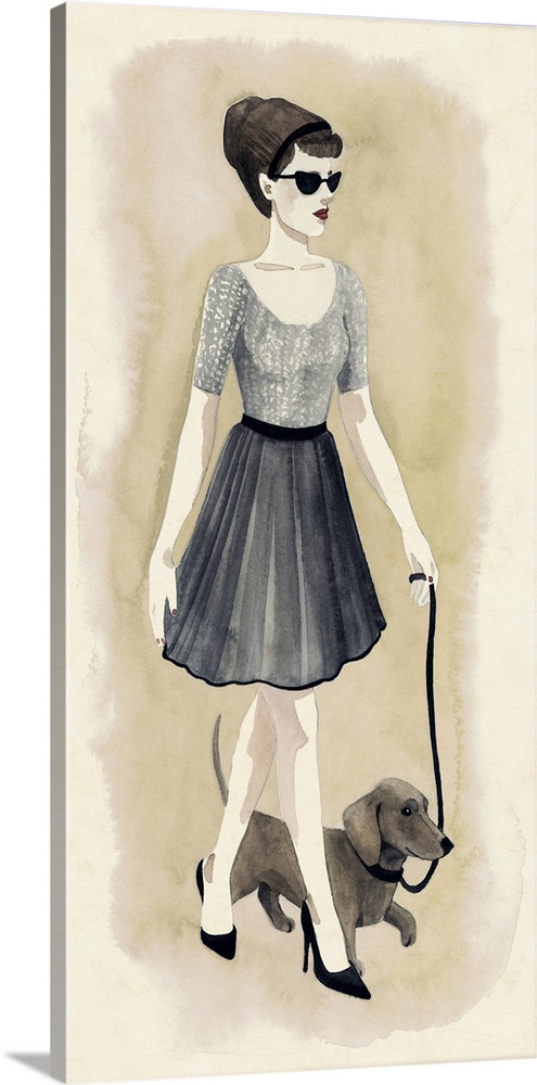 Watercolor fashion illustration of a trendy young woman walking her dog on a leash.