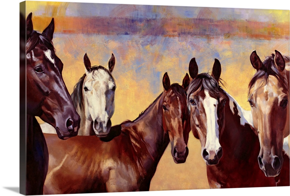 Contemporary artwork of horses that are all standing together and looking straight at you. The background contains a mixtu...