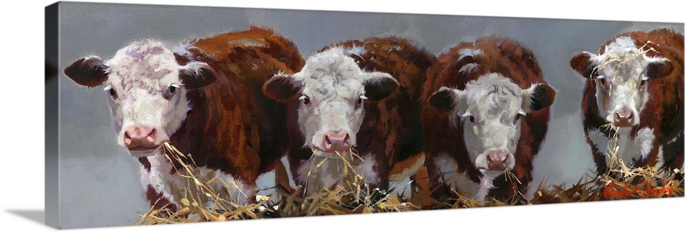 Contemporary painting of four cows eating hay.