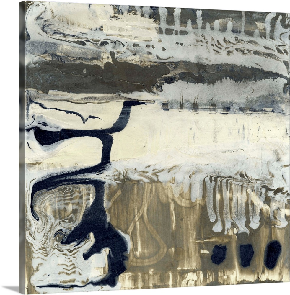 Contemporary abstract painting using muted neutral tones swirling around in a liquid state.