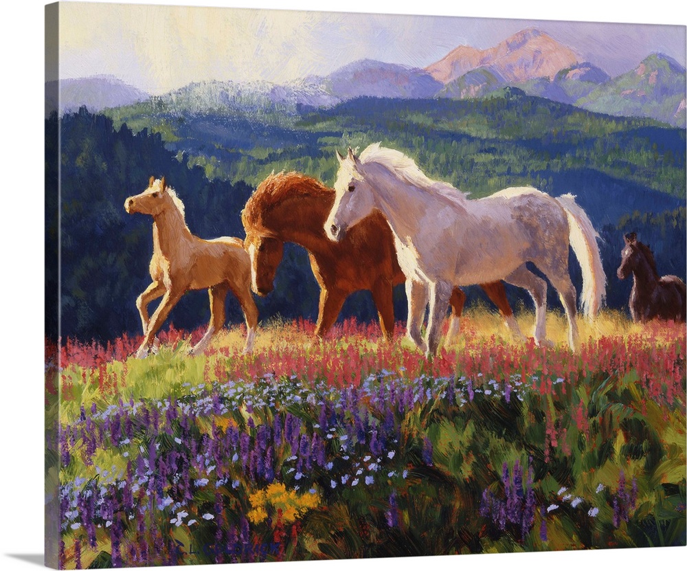 Contemporary colorful painting of a herd of horses running through a meadow, with a mountain range in the background.