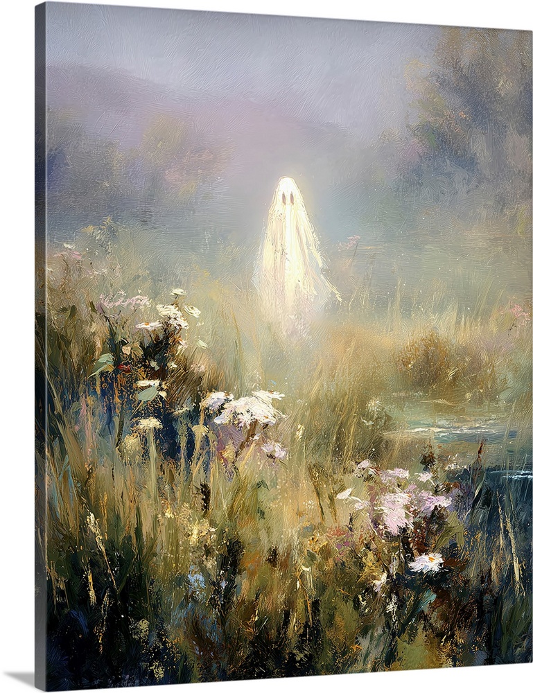 A painting of a ghost in an ethereal grass field under pale mist, softly glowing fog curling above the ground, and gently ...