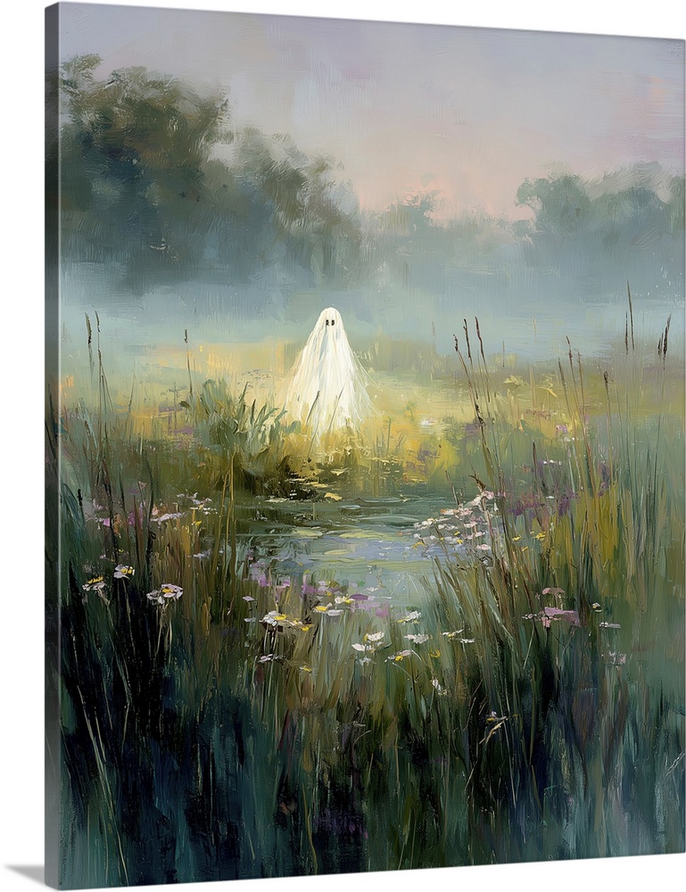 A painting of a ghost in an ethereal grass field under pale mist, softly glowing fog curling above the ground, and gently ...