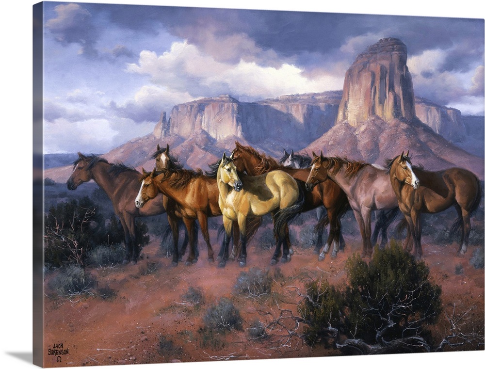 Contemporary Western artwork of a herd of wild horses in a canyon standing alert and still.