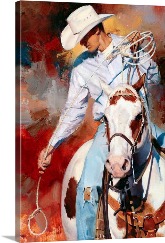 Contemporary vertical panoramic painting of cowboy on horse holding a looped rope.