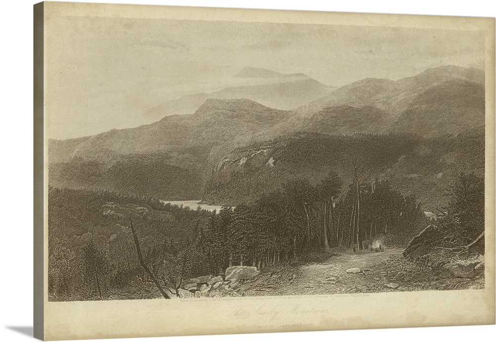 Vintage artwork of the edge of a mountain range in sepia.