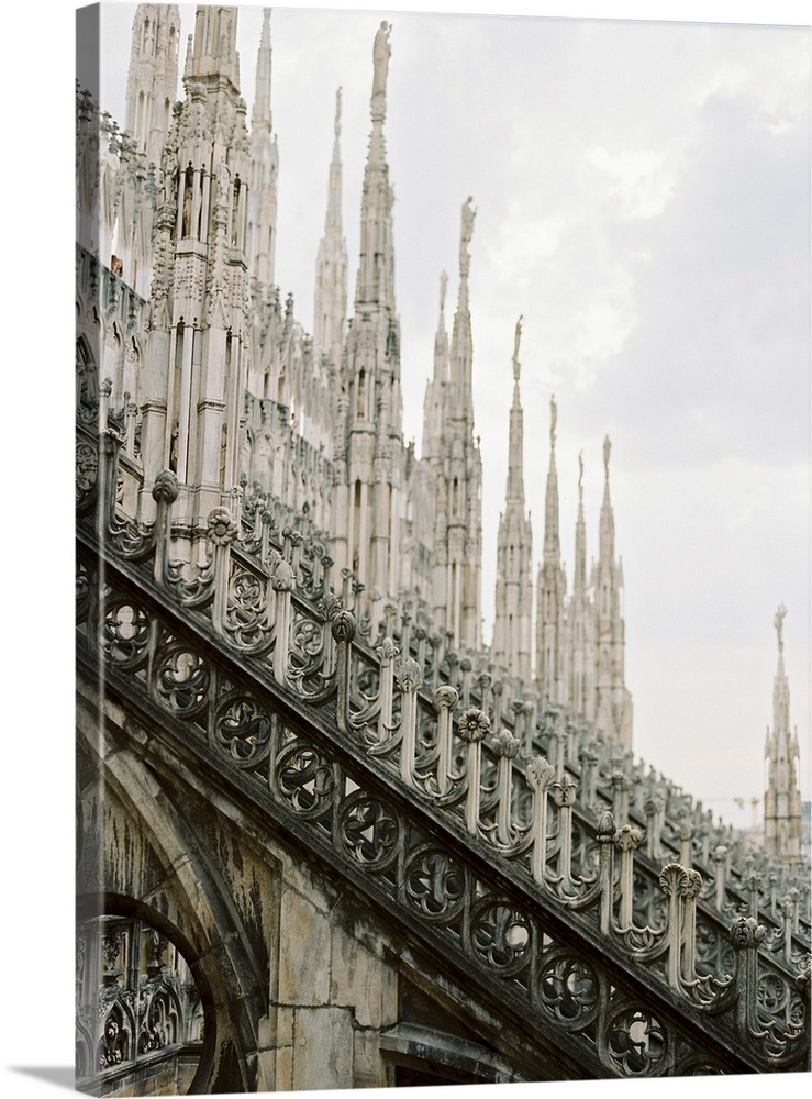 Photograph of the intricate details on the roof of the Duomo Cathedral, Milan, Italy.
