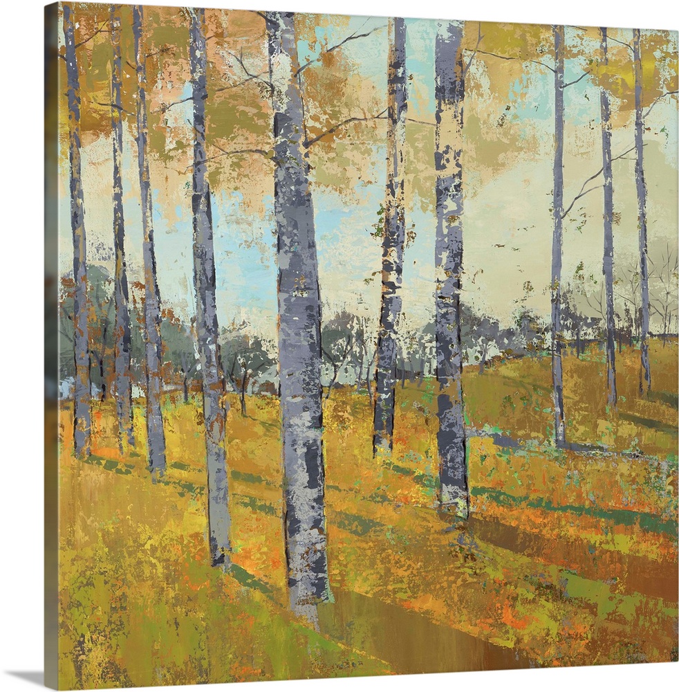 Painting of trees casting shadows in a countryside clearing in autumn.