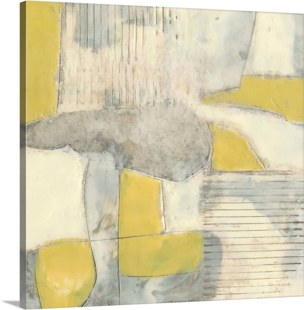Contemporary abstract painting using pale yellows and gray in geometric shapes.