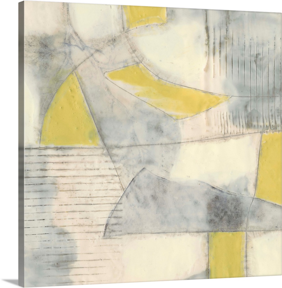 Contemporary abstract painting using pale yellows and gray in geometric shapes.
