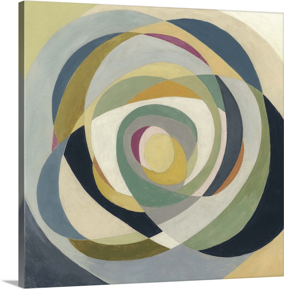 Contemporary geometric painting using concentric oblong shapes.
