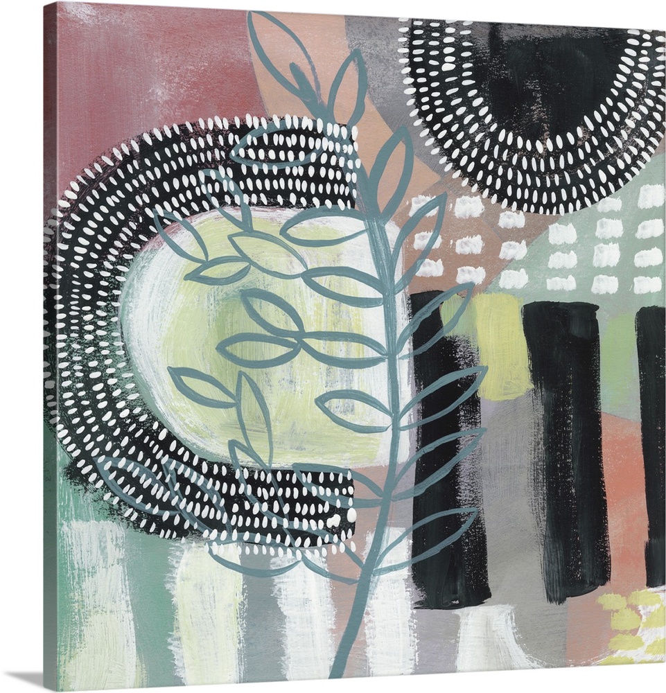 Multi-colored contemporary abstract painting featuring floral designs, wide brushstrokes, dots, and geometric forms.