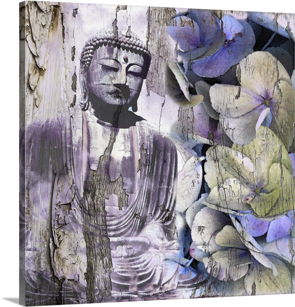 This digital artwork features overlapping serene images of Buddha, flowers and bark from a tree texture in shades of purpl...