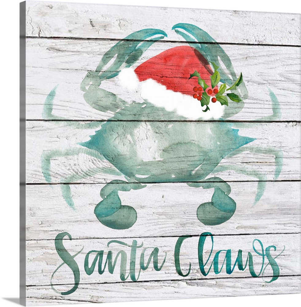 Beach-themed Christmas decor with a crab and text, "Santa Claws."