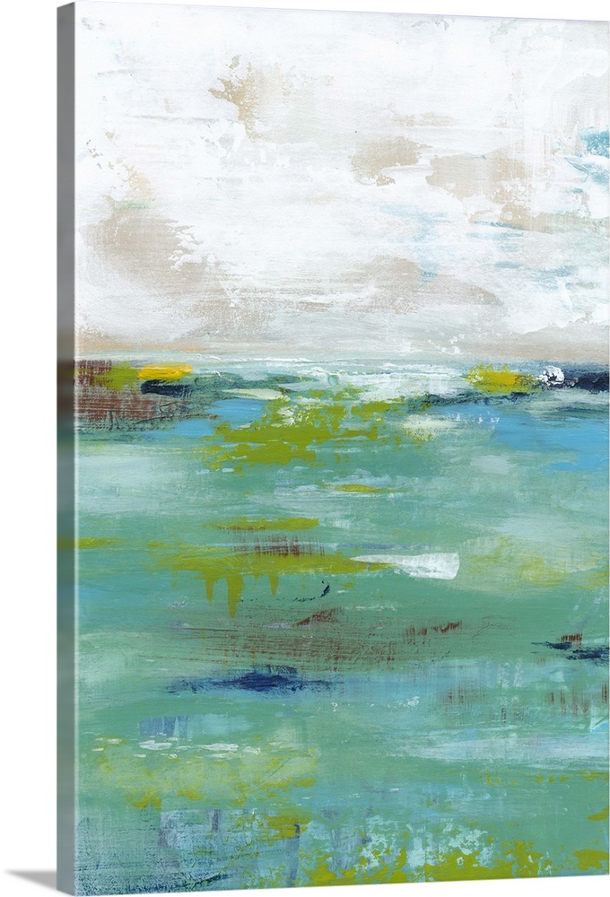 Abstract painting resembling a body of water meeting the sky at the horizon.