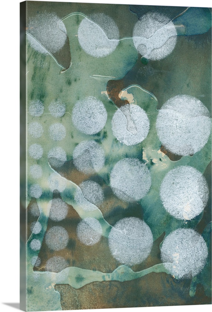 Contemporary abstract painting using pale blue circles against an abstract muted green background.