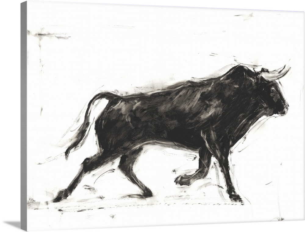 Black and white painting of a Spanish bull in action.