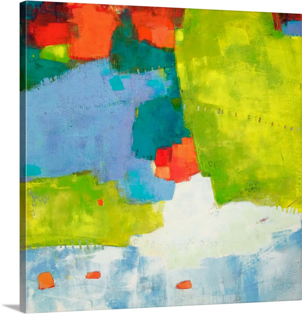 Abstract contemporary art in tropical lime green, blue, and bright orange.