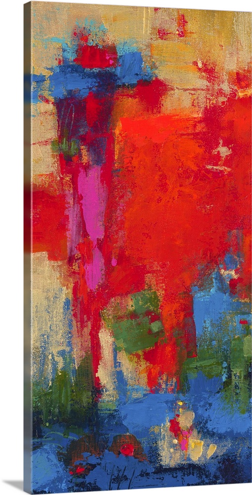 Vertical abstract painting in tropical, almost neon shades of red, green, and blue.