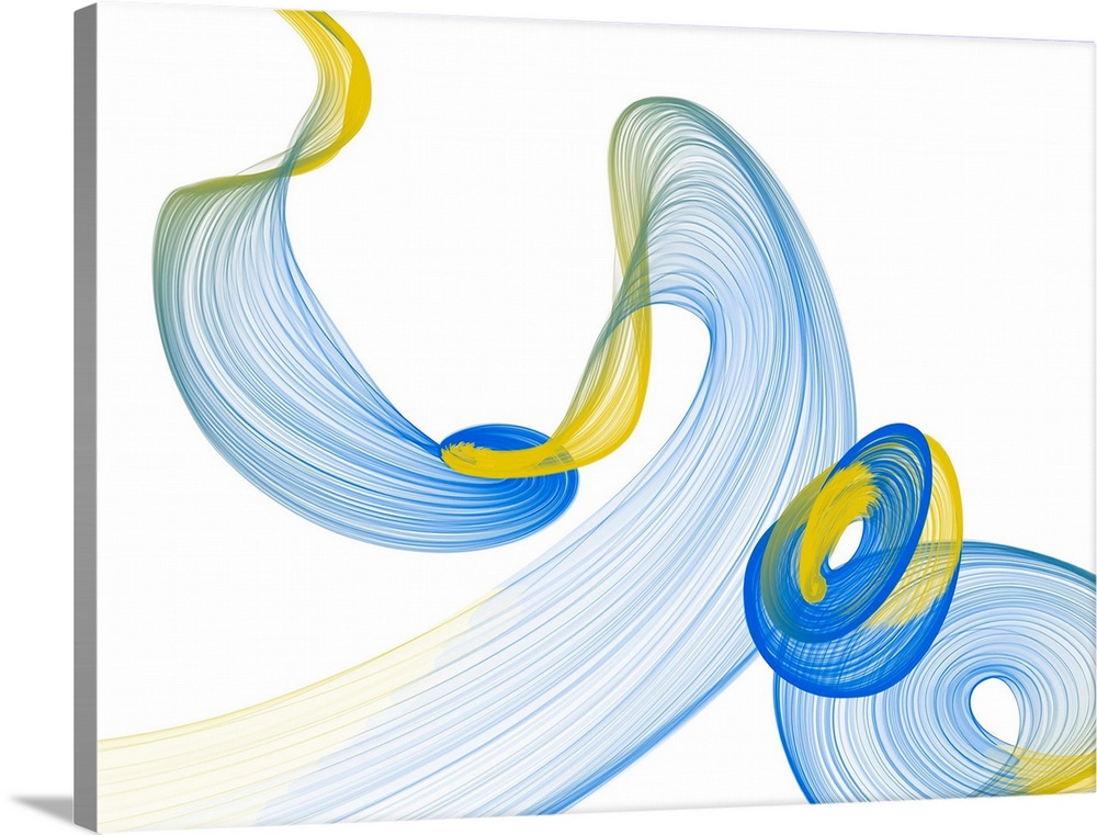 In this photo, dancing swirls in blue and yellow decorate a white background to convey the way light bounces off objects.